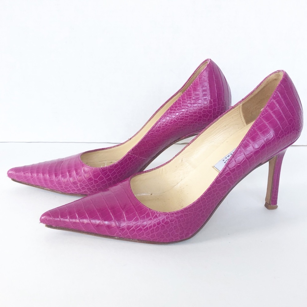 Isaac Italian Leather Aligator Embossed Pointed Toe Heels Fuchsia Barbiecore 🩷